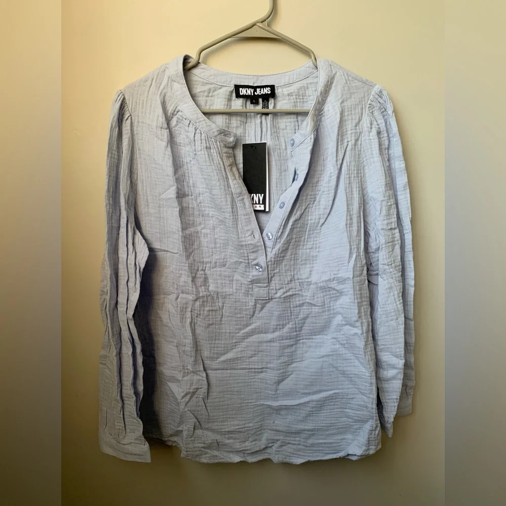DKNY JEANS Women’s Light Blue Cotton Long Sleeve Henley Style Blouse